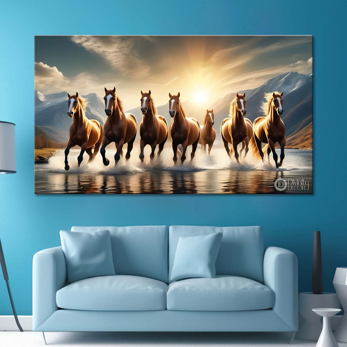 Brown horses running on the water with mountains and yellow textured background art Canvas Painting - Design - Horse-132