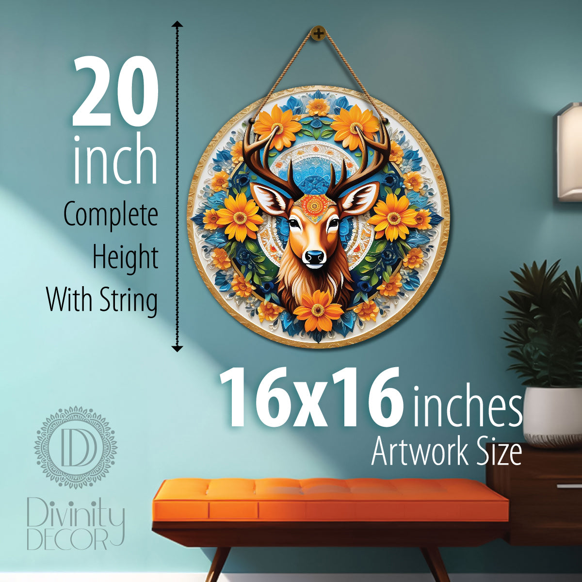 Deer in green and floral mandala Round Wooden Wall Hanging for wall Décor - Design - 132
