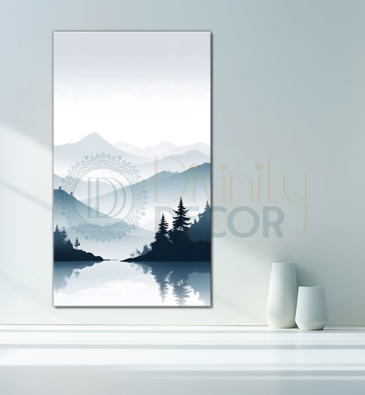 Mountains with river and trees in grey textured water colour painting Canvas Painting - Nature Art -V-132