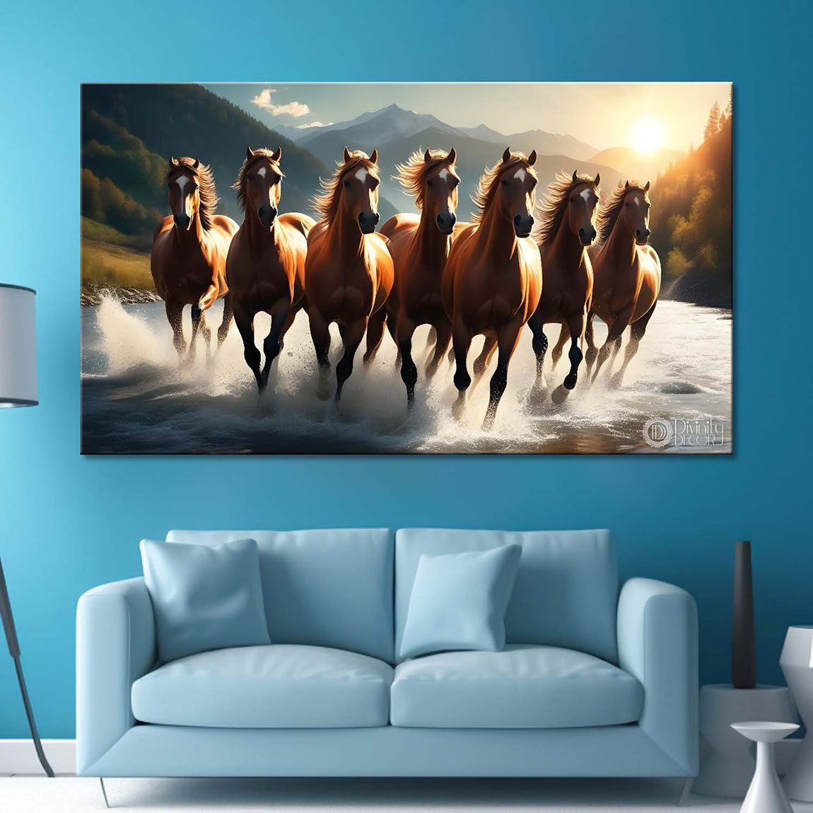 Brown horses running on the water with mountains and yellow textured background art Canvas Painting - Design - Horse-133