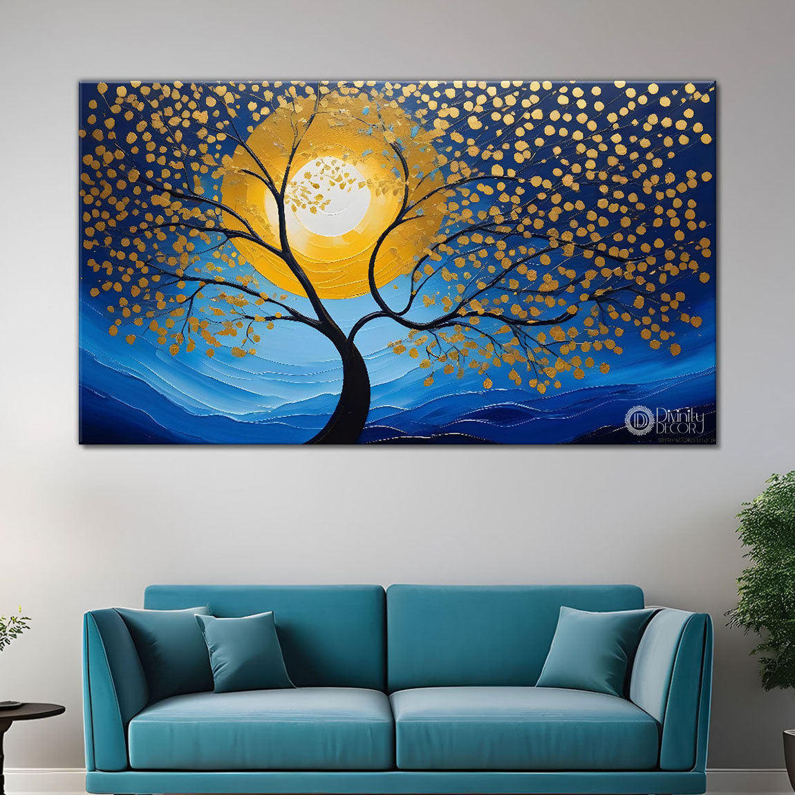 Golden tree in dark blue textured background modern art- Design - Tree-133