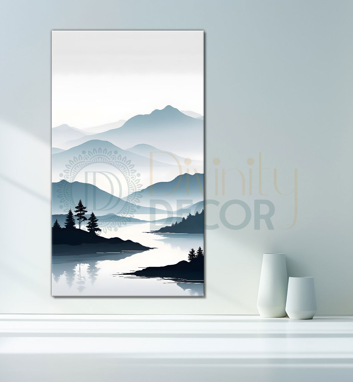 Mountains with river and trees in grey textured water colour painting Canvas Painting - Nature Art -V-133