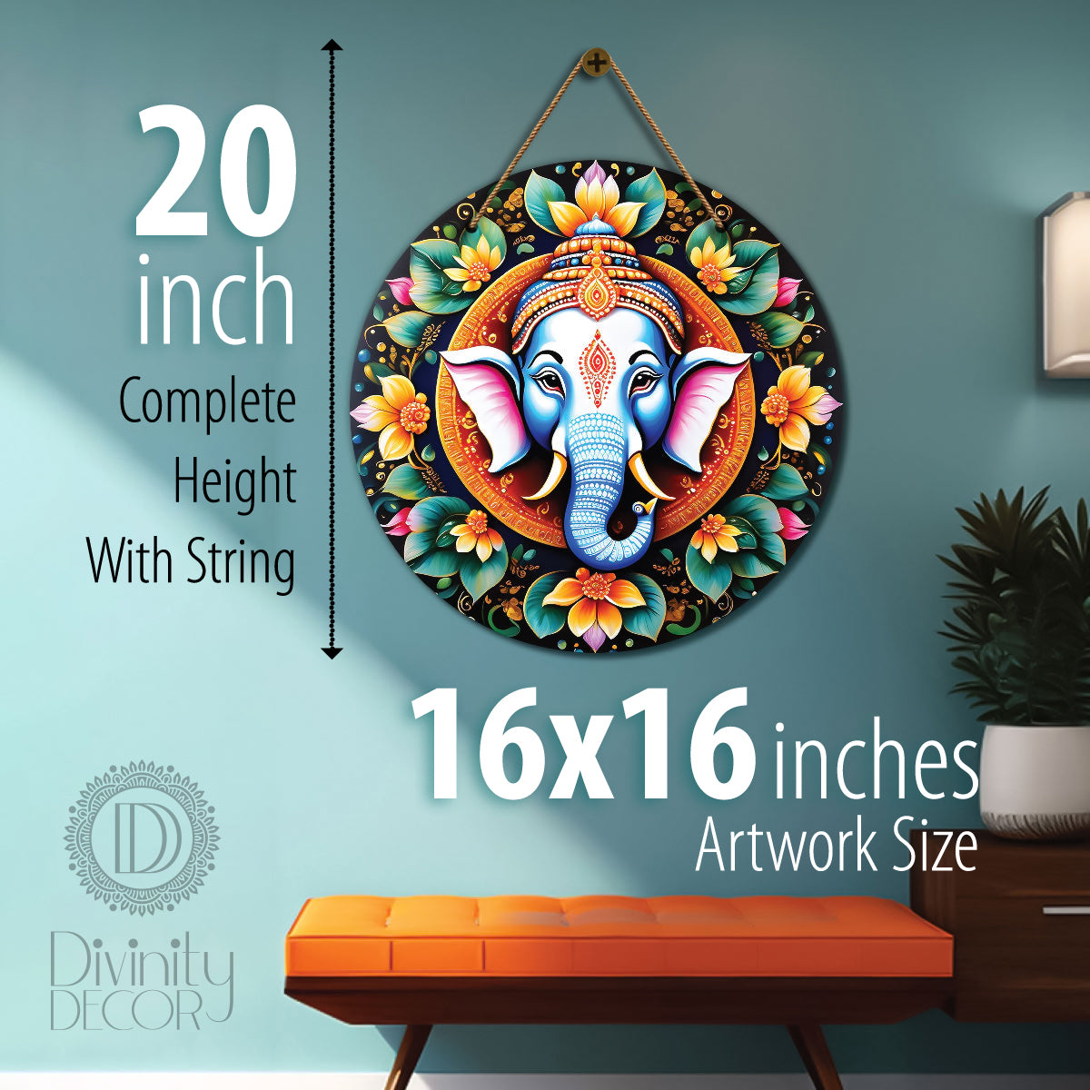 Ganesh Ji in green and yellow mandala Round Wooden Wall Hanging for wall Décor - Design - 133