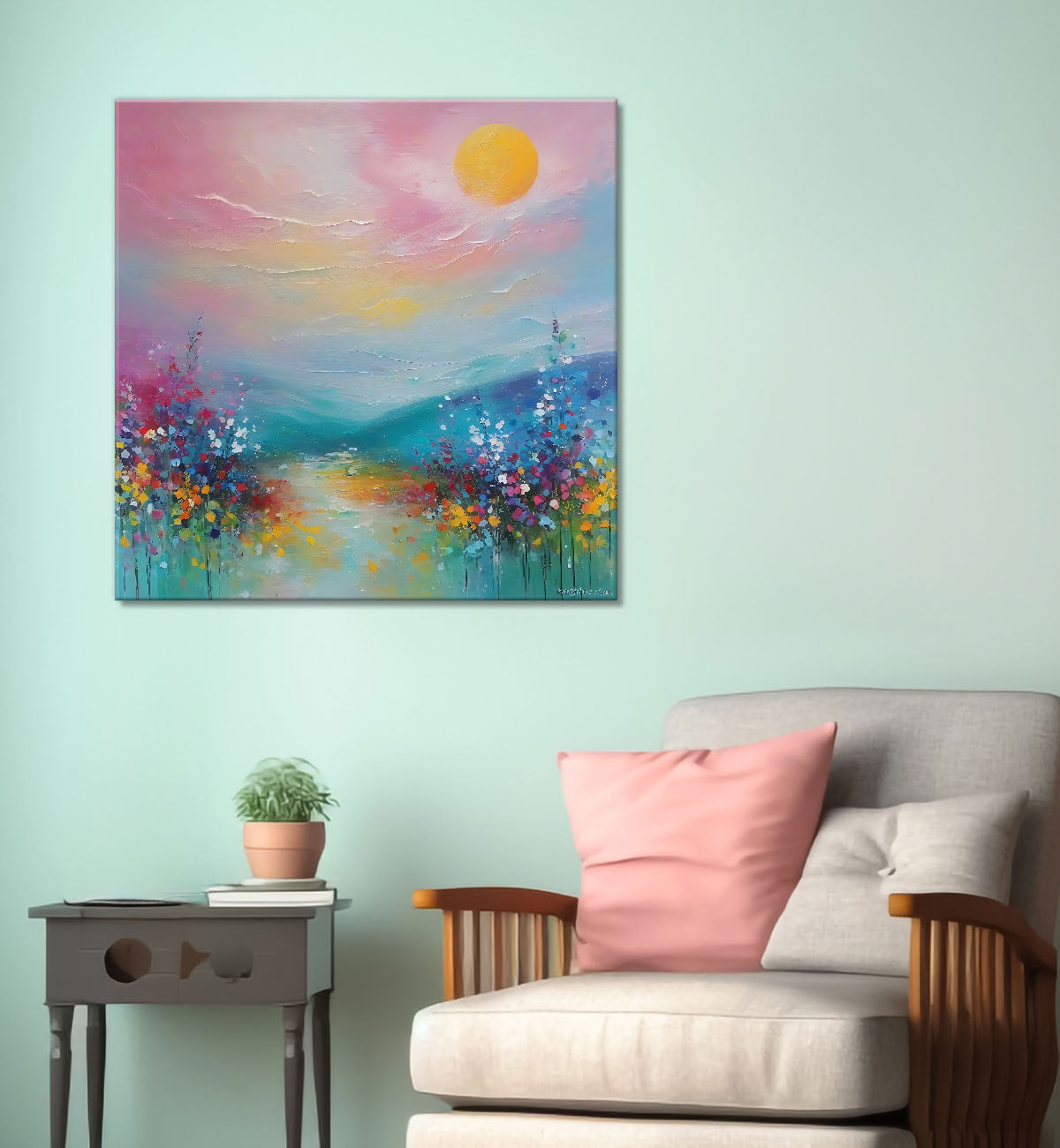 Mountains with colourful water painting 24X24 - Nature Art -S-133