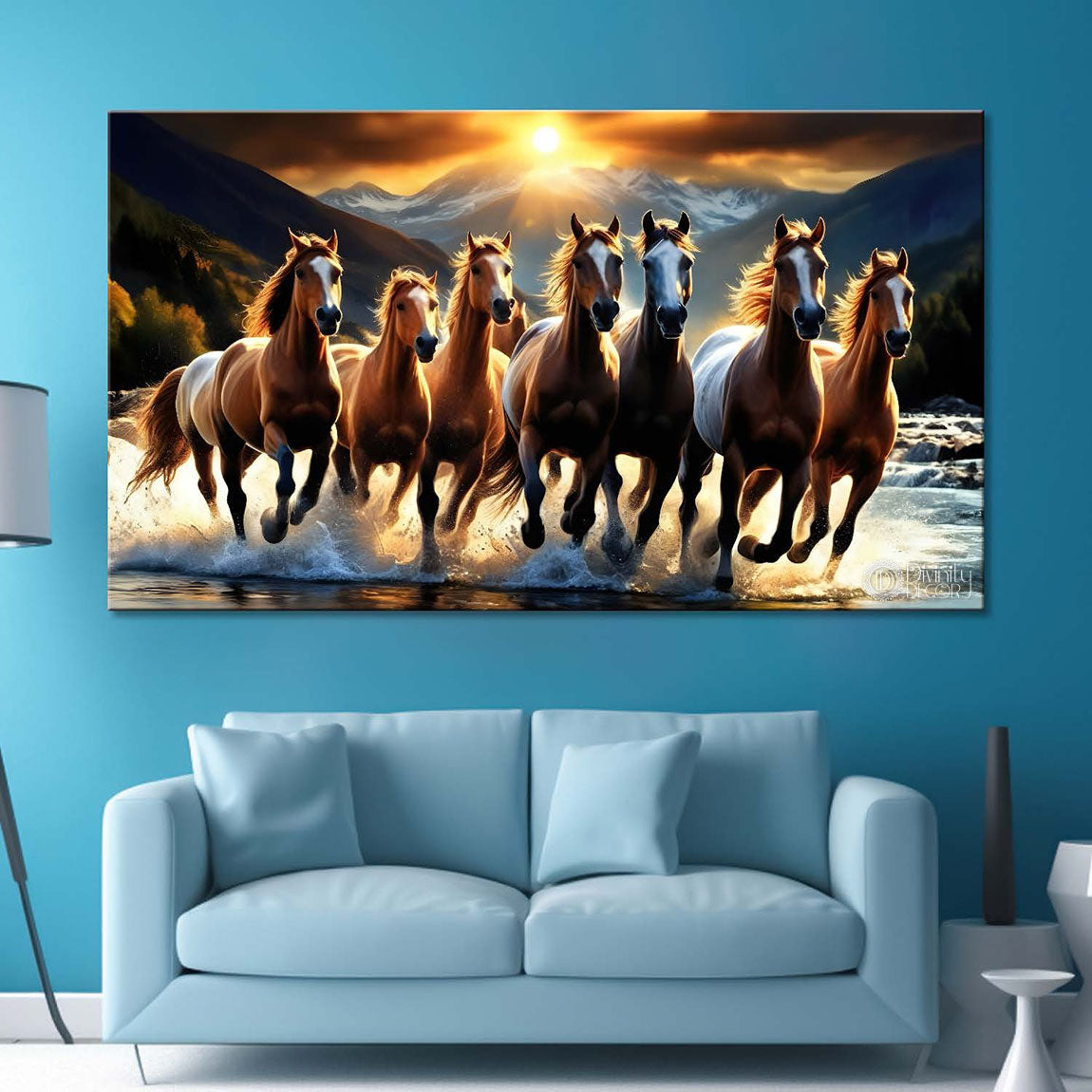 Brown horses running on the water with mountains and sunset textured background art Canvas Painting - Design - Horse-134
