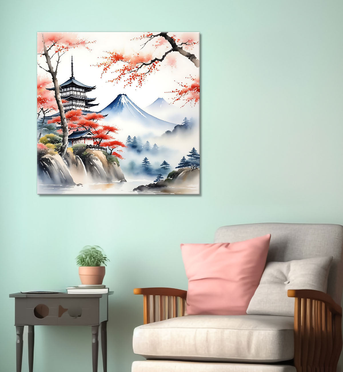 Mountains with temple and tree painting  24X24 - Nature Art -S-134