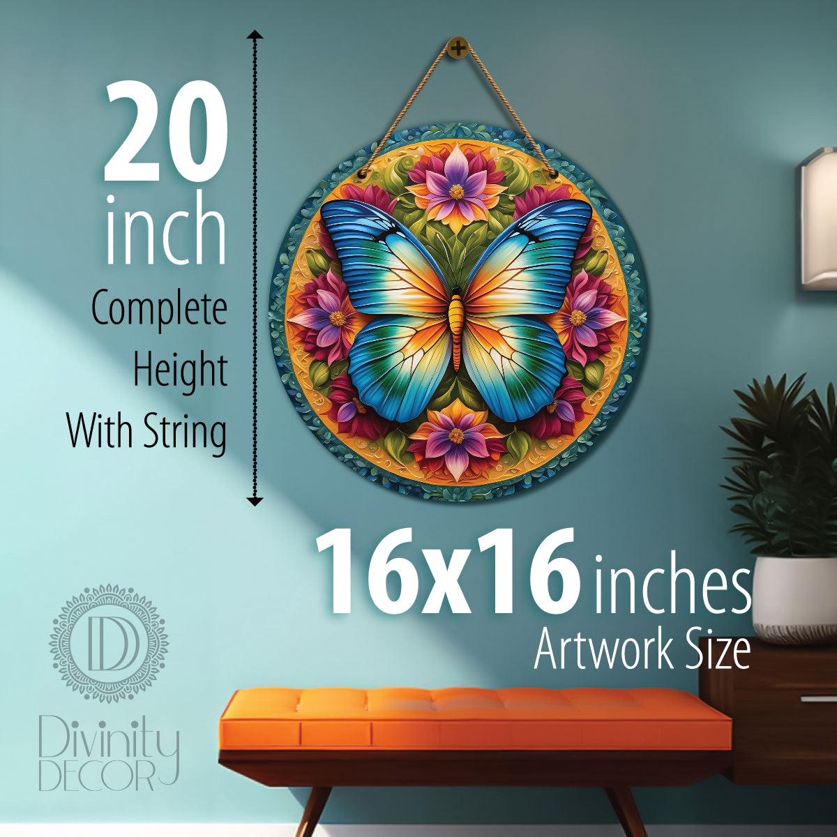 Butterfly in pink and blue mandala Round Wooden Wall Hanging for wall Décor - Design - 134