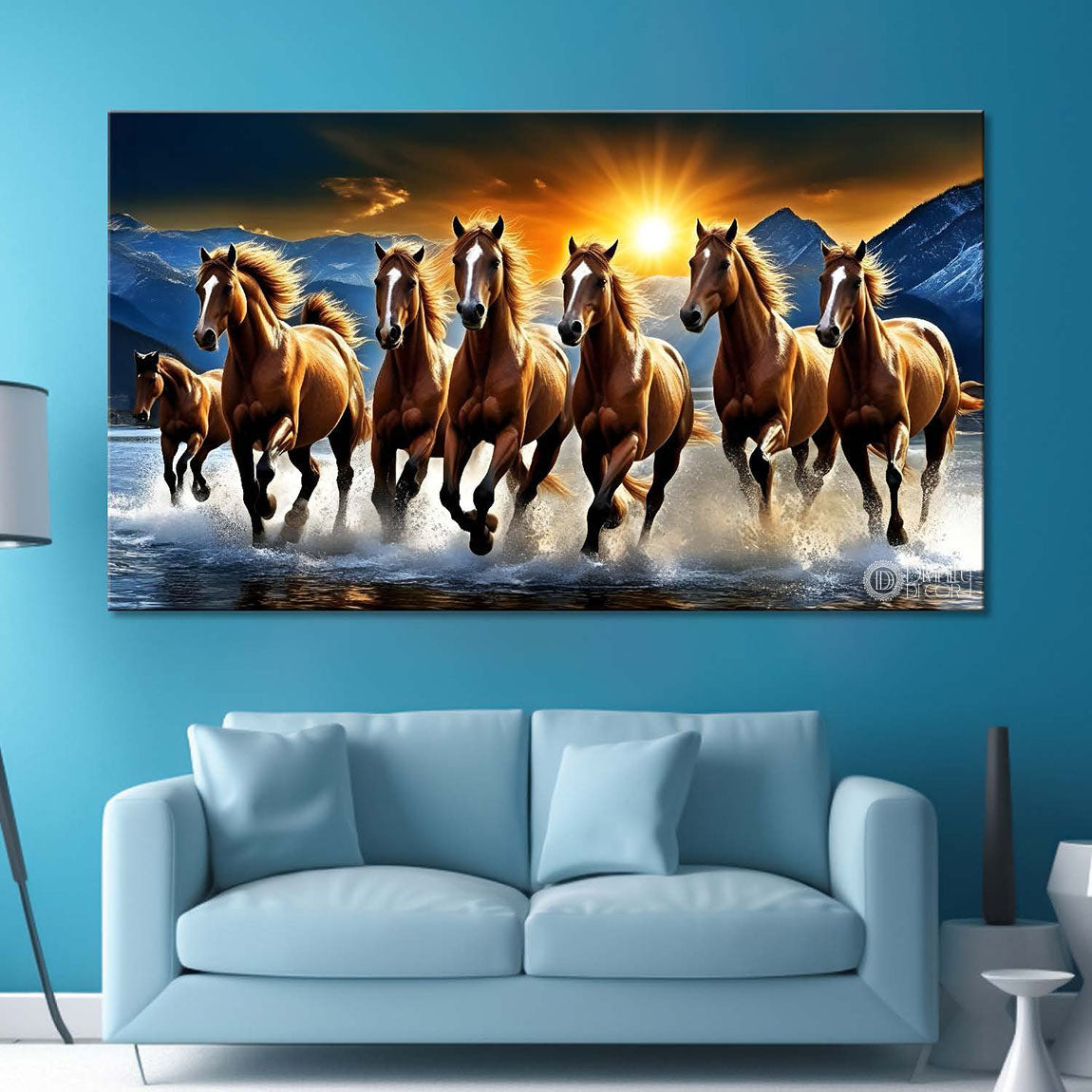 Brown horses running on the water with mountains and sunset textured background art Canvas Painting - Design - Horse-135