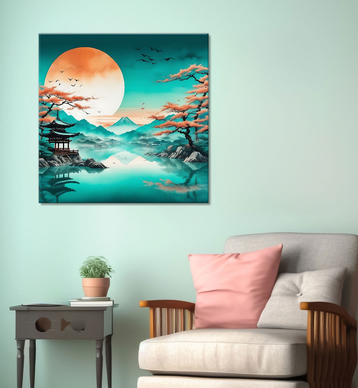 Mountains with moon aqua texture painting 24X24  - Nature Art -S-135