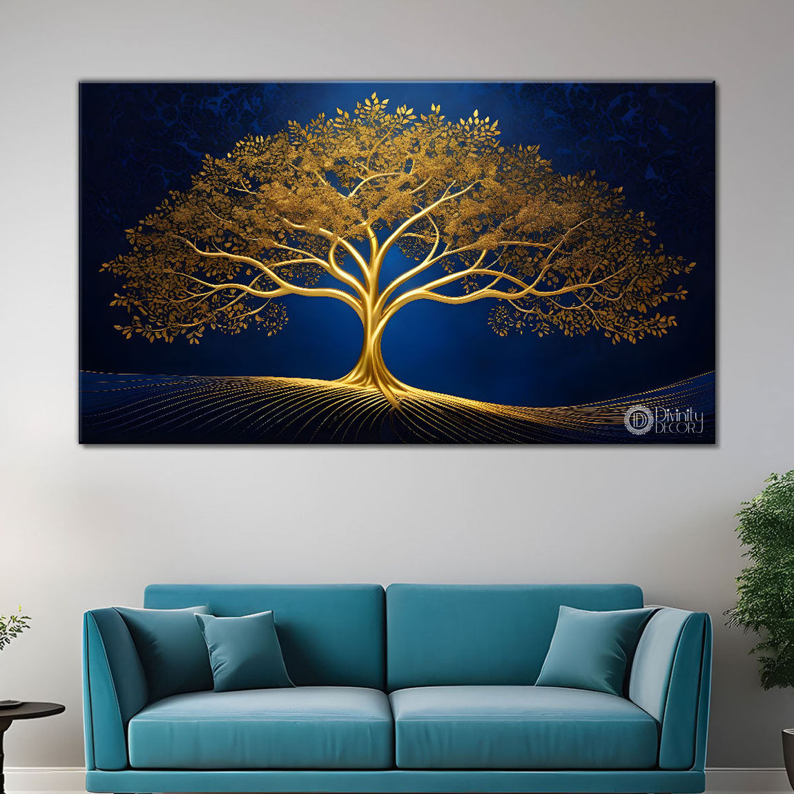 Golden tree in dark blue textured background modern art- Design - Tree-135