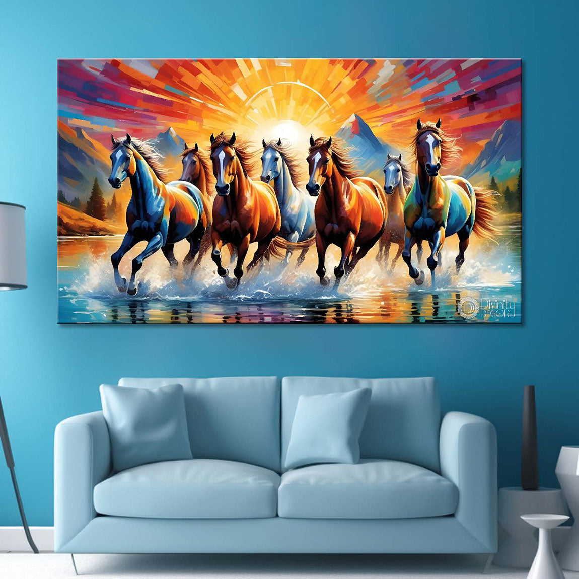 Brown horses running on the water with mountains and sunrise textured background art Canvas Painting - Design - Horse-136