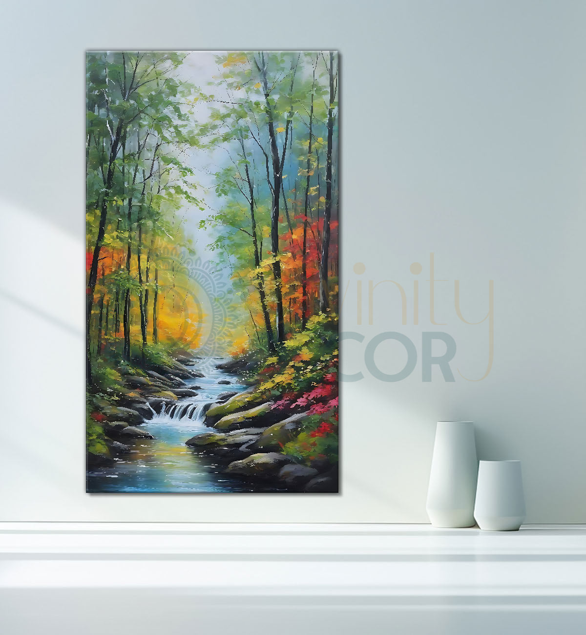 Trees with colourful flowers and lake in textured painting Canvas Painting - Nature Art -V-136