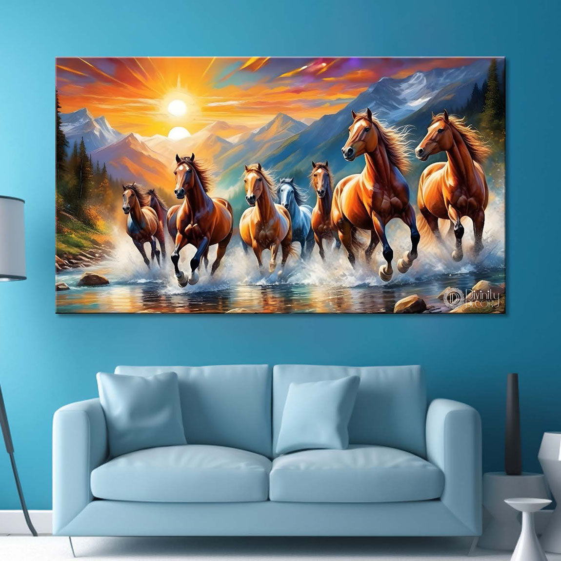 Brown horses running on the water with mountains and sunset textured background art Canvas Painting - Design - Horse-137