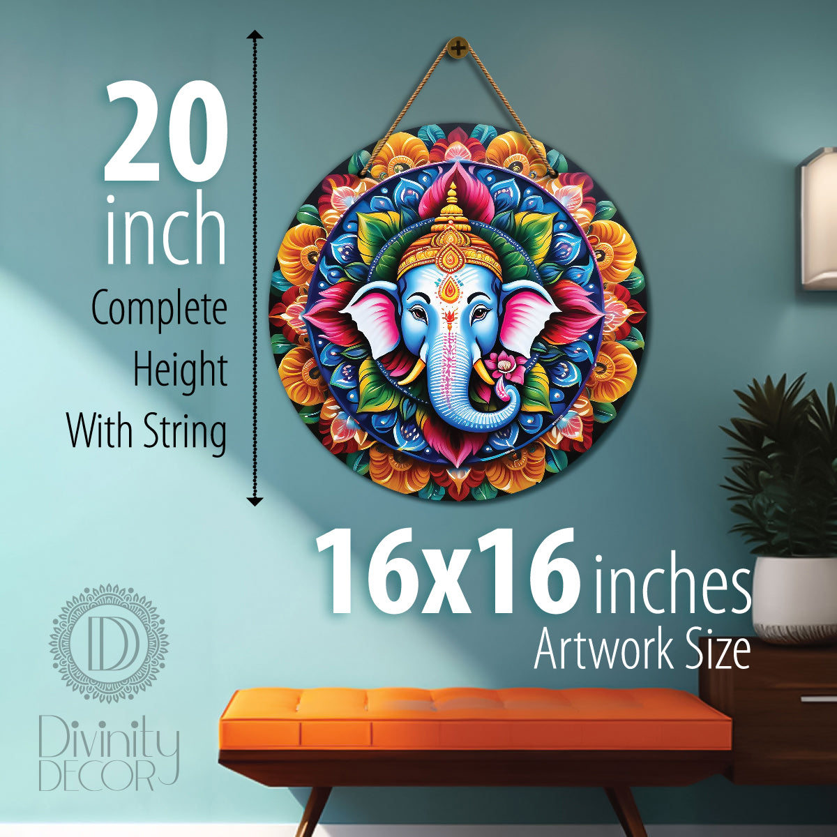 Ganesh Ji in orange and pink mandala Round Wooden Wall Hanging for wall Décor - Design - 137
