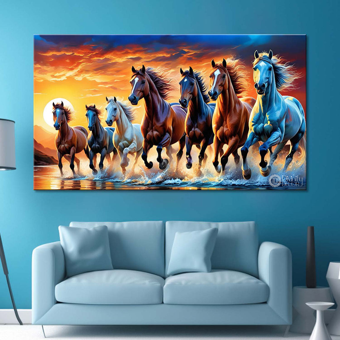 Brown horses running on the water with mountains and sunrise textured background art Canvas Painting - Design - Horse-138