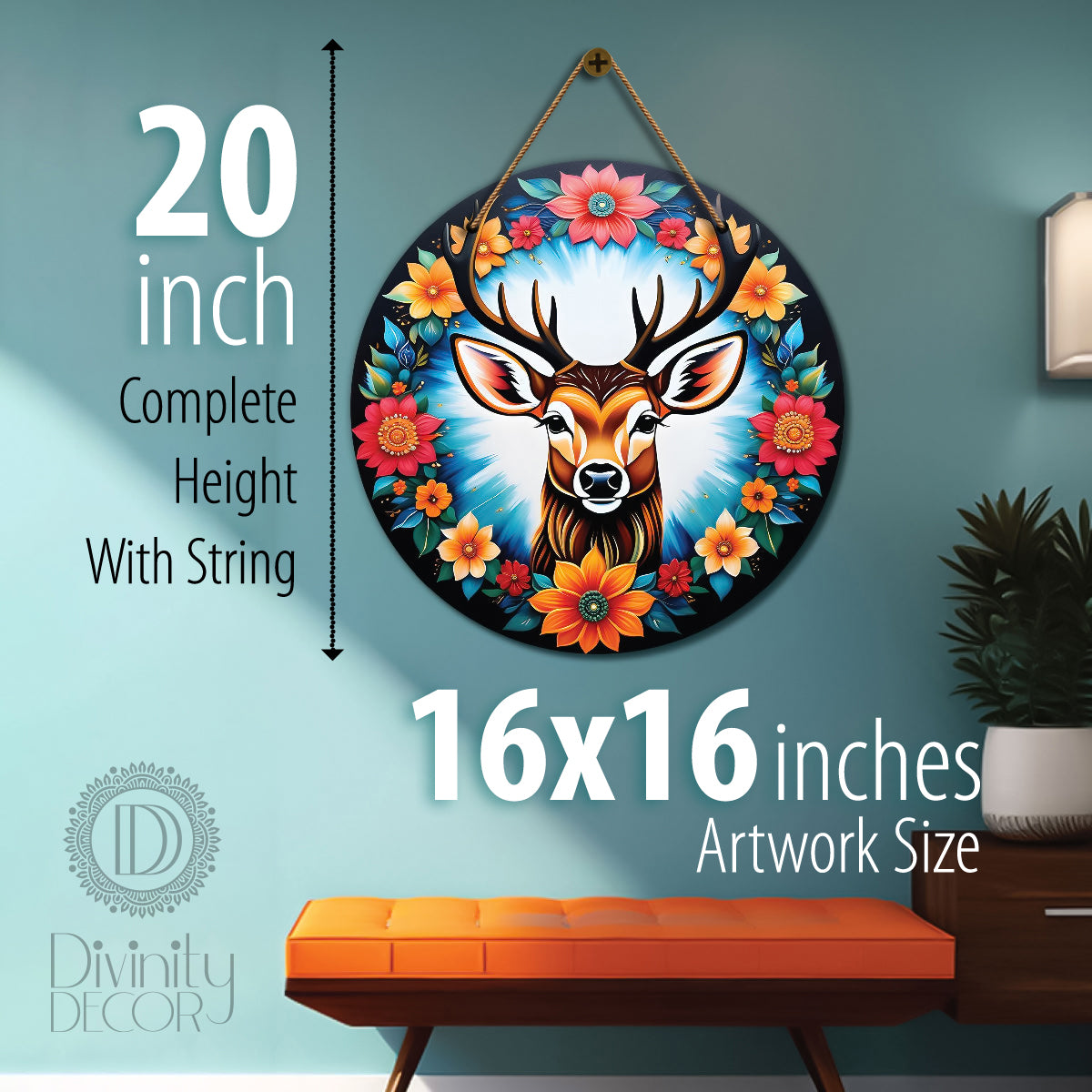 Deer in floral and black mandala Round Wooden Wall Hanging for wall Décor - Design - 138