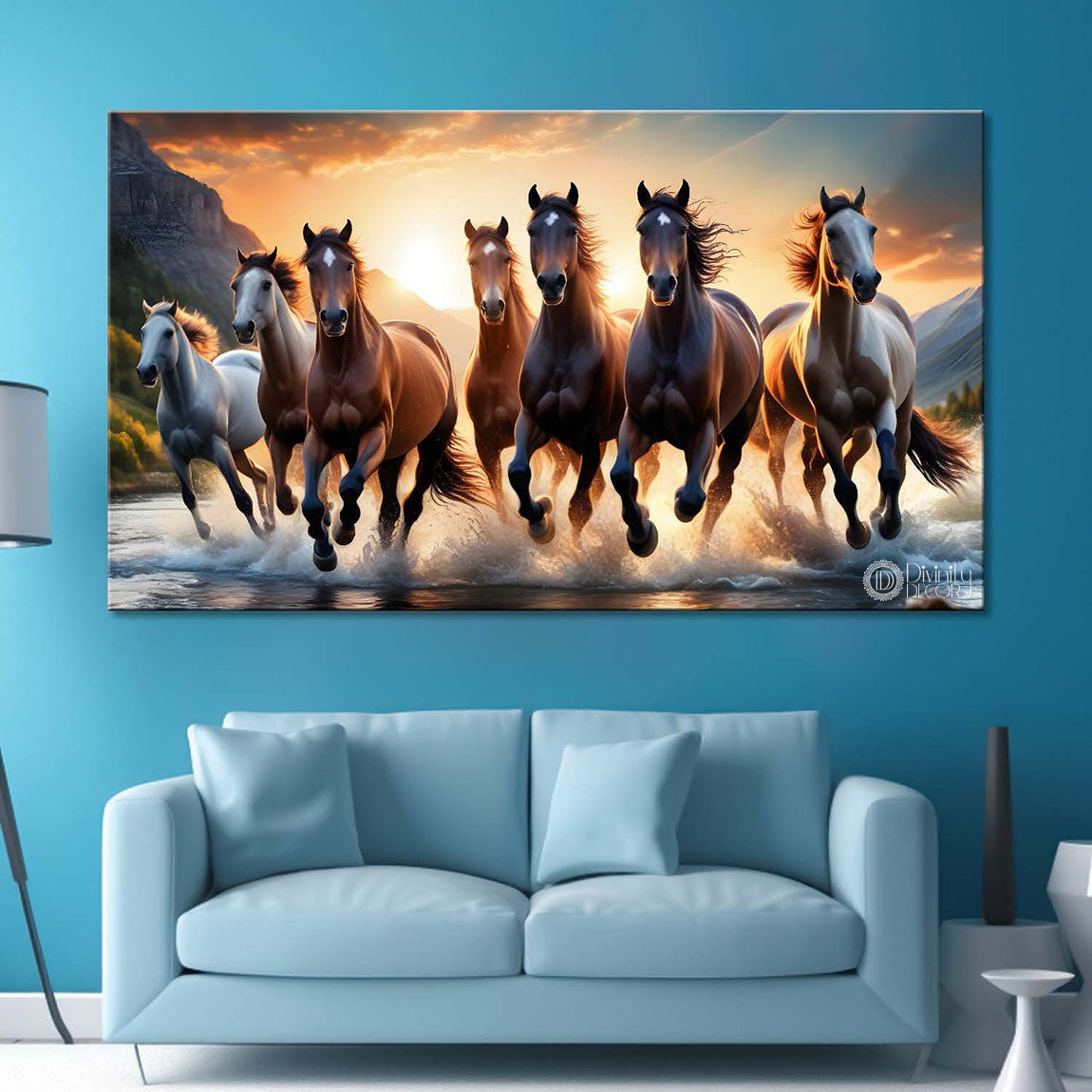 Brown horses running on the water with mountains and sunrise textured background art Canvas Painting - Design - Horse-139