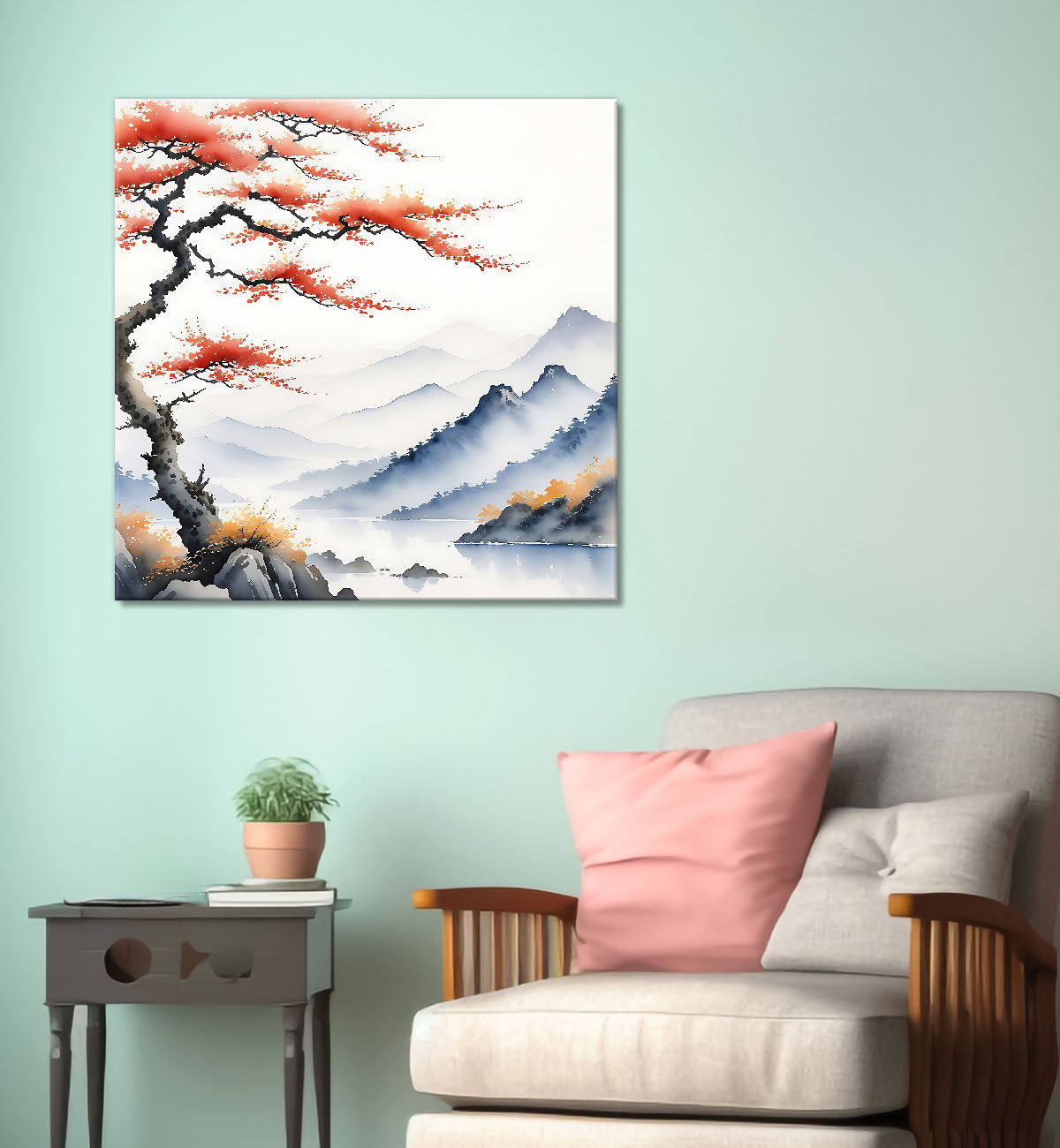 Mountains with tree water colour painting 24X24  - Nature Art -S-139