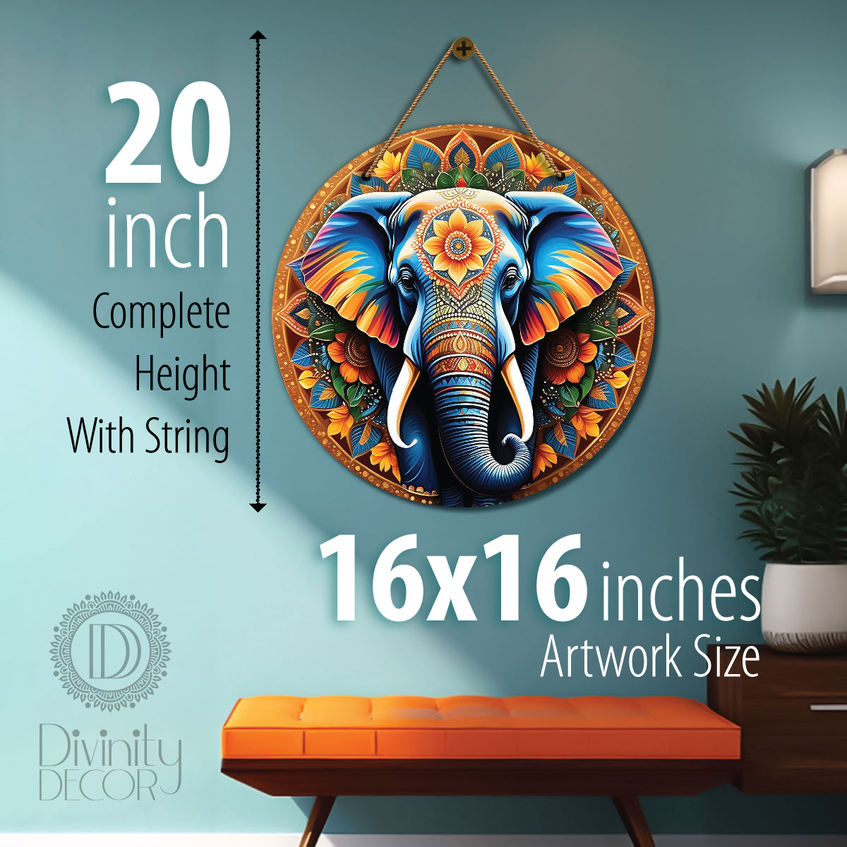 Elephant in yellow and golden mandala Round Wooden Wall Hanging for wall Décor - Design - 139