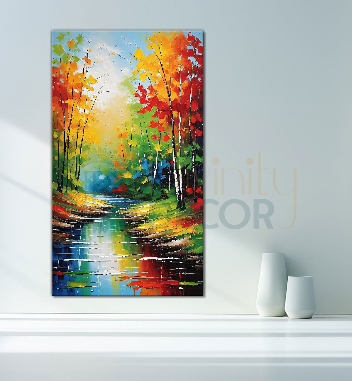 Colourful treeswith lake in textured painting Canvas Painting - Nature Art -V-139