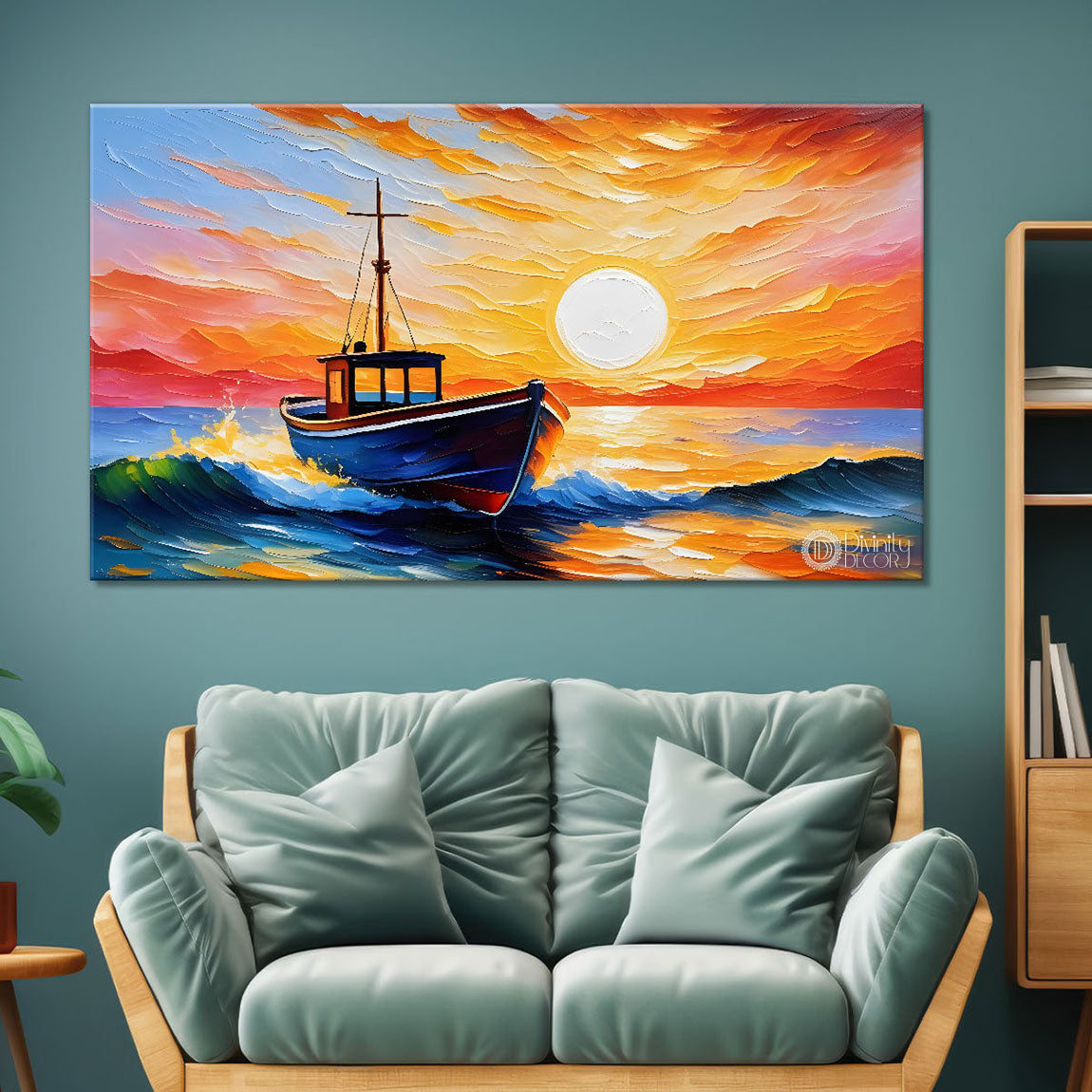 Ship with sunrise background in textured modern art canvas painting - Design - River-14