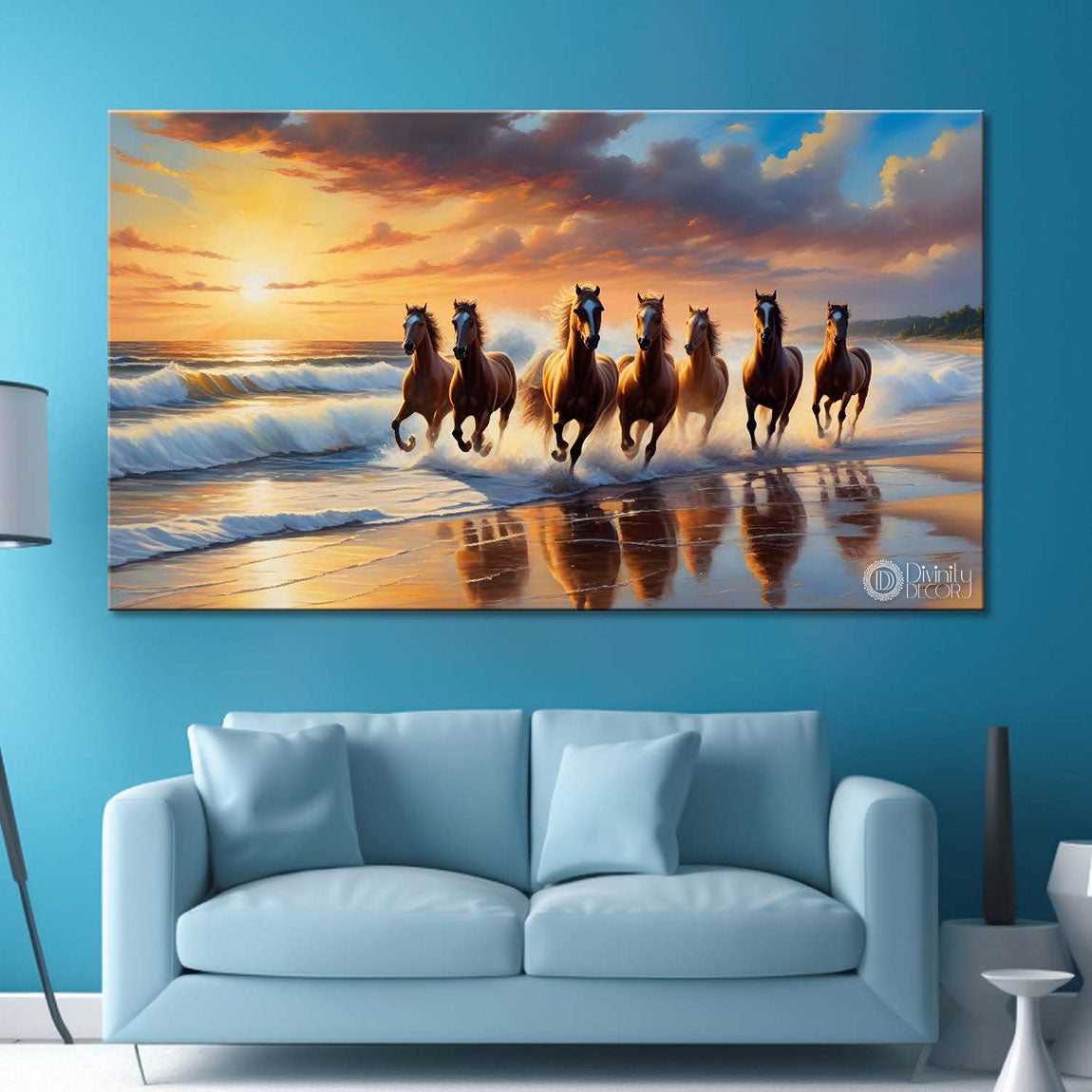 Brown horses running on the water with sunrise textured background art Canvas Painting - Design - Horse-140