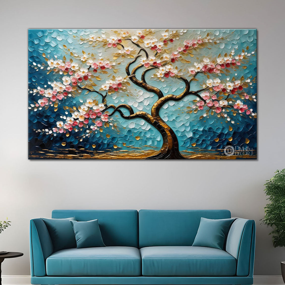 White flower tree in textured background oil painting- Design - Tree-140