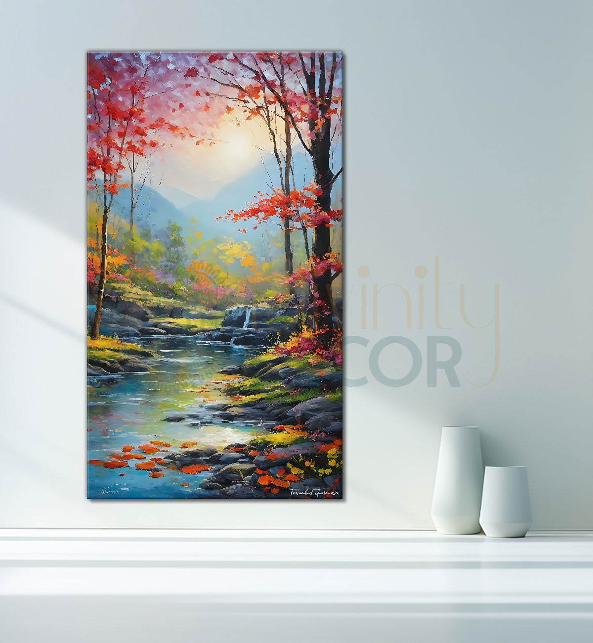 Pink trees with lake and some greenery and flowers in water colour painting Canvas Painting - Nature Art -V-140