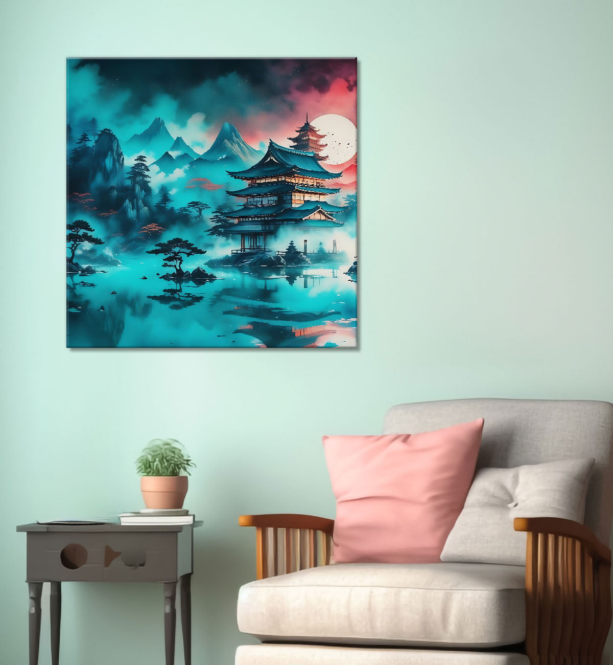 Mountains with aqua water colour painting  24X24 - Nature Art -S-140