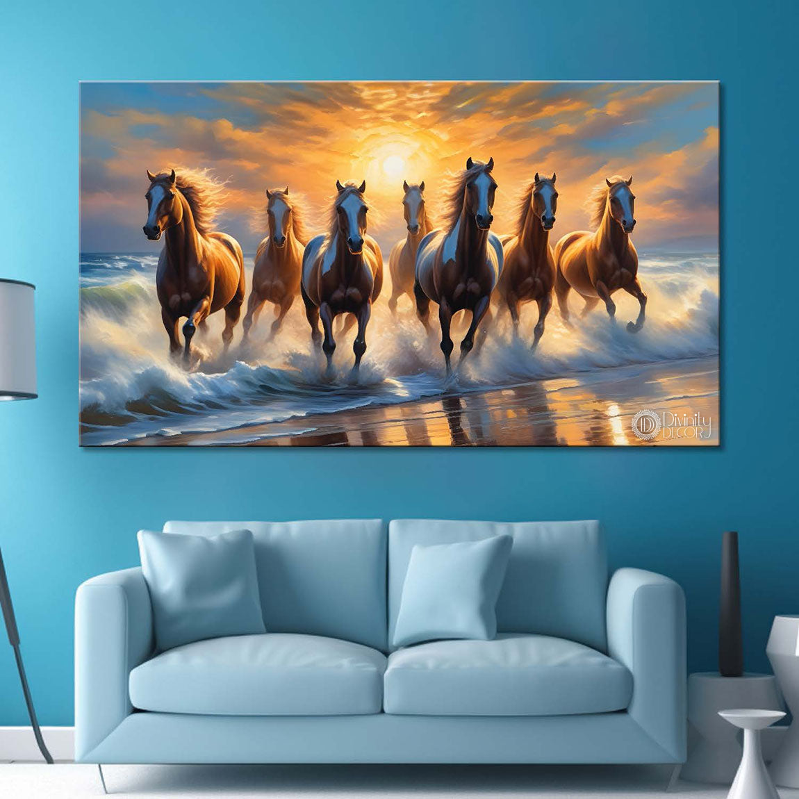 Brown horses running on the water with sunrise textured background art Canvas Painting - Design - Horse-141