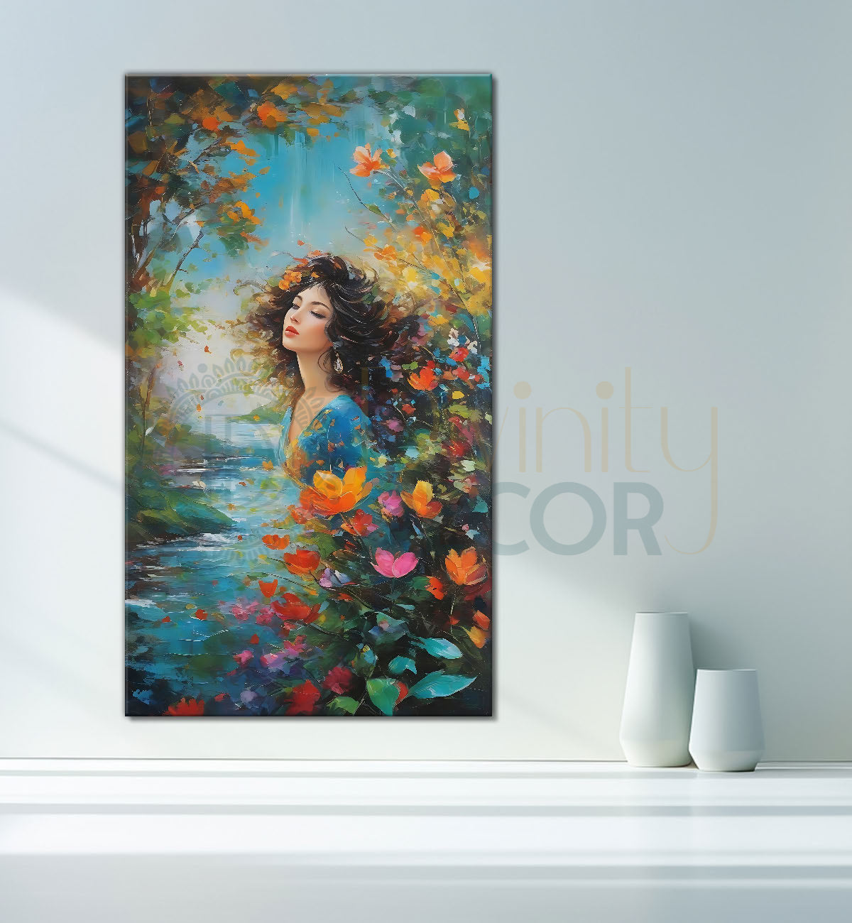 Beautiful girl in colourufl trees in textured water colour painting  Canvas Painting - Nature Art -V-141