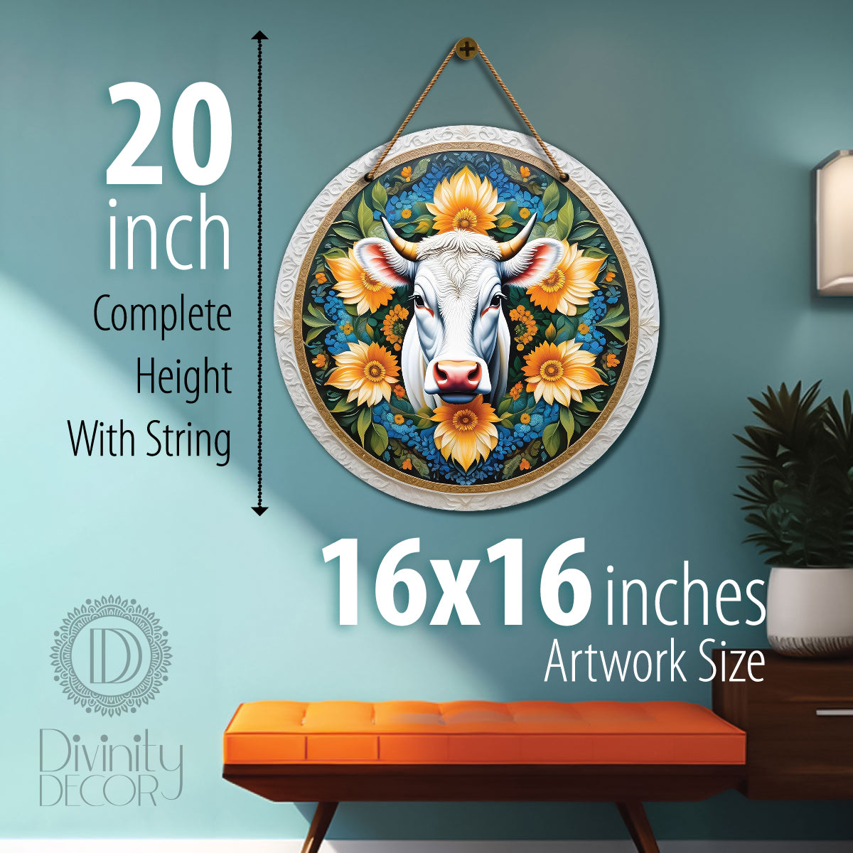 Cow in green and yellow mandala Round Wooden Wall Hanging for wall Décor - Design - 141