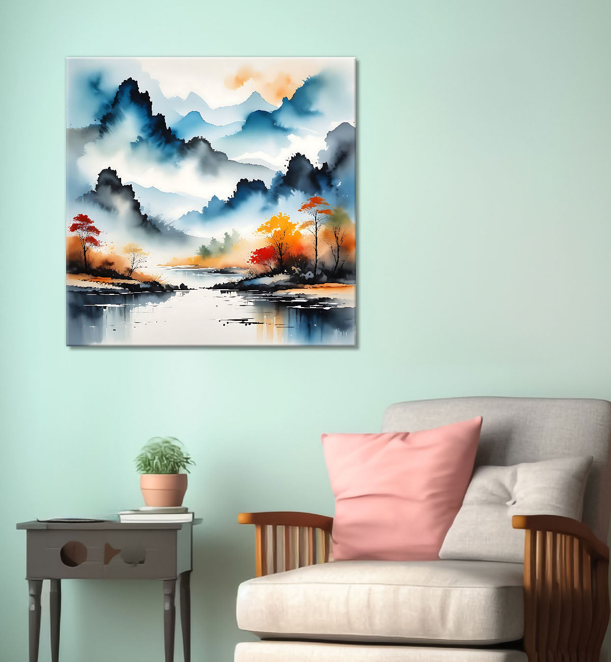 Mountains and river in water colour painting 24X24 - Nature Art -S-141