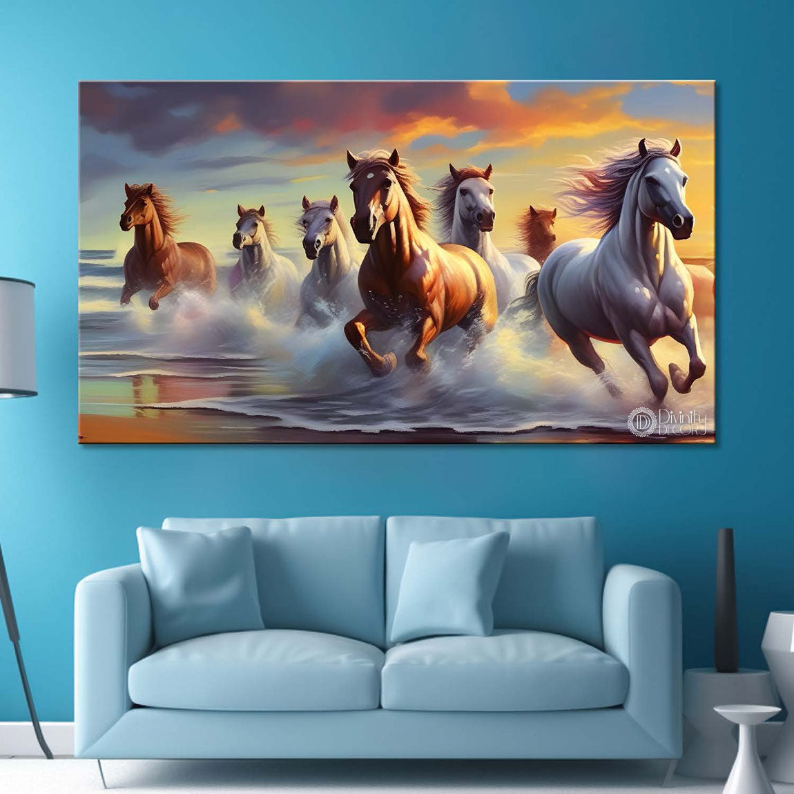 Brown and white horses running on the water with cloudy and yellow textured background art Canvas Painting - Design - Horse-142