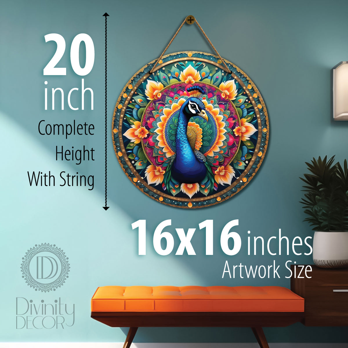 Peacock in green and yellow mandala Round Wooden Wall Hanging for wall Décor - Design - 142