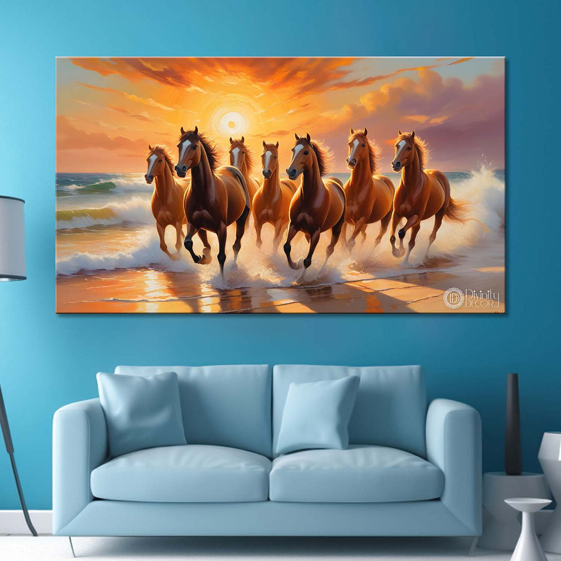 Brown and white horses running on the water with cloudy and sunrise textured background art Canvas Painting - Design - Horse-143
