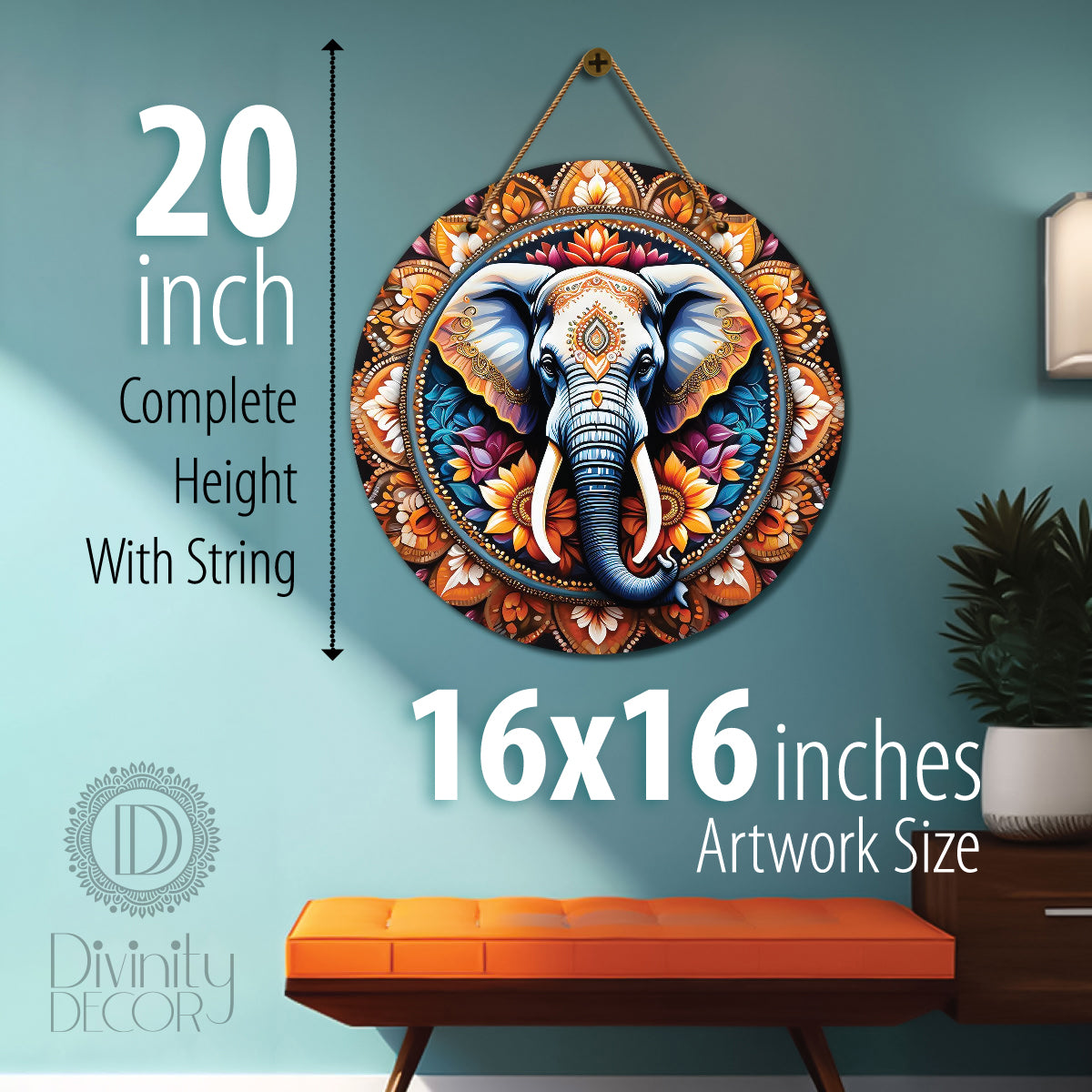 Elephant in blue and yellow mandala Round Wooden Wall Hanging for wall Décor - Design - 143