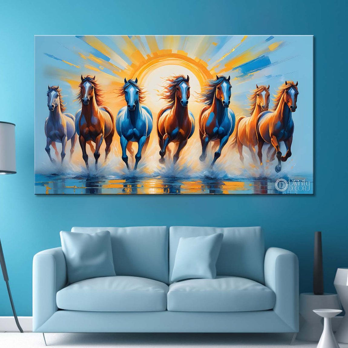 Brown horses running on the water with sunrise textured background art Canvas Painting - Design - Horse-144