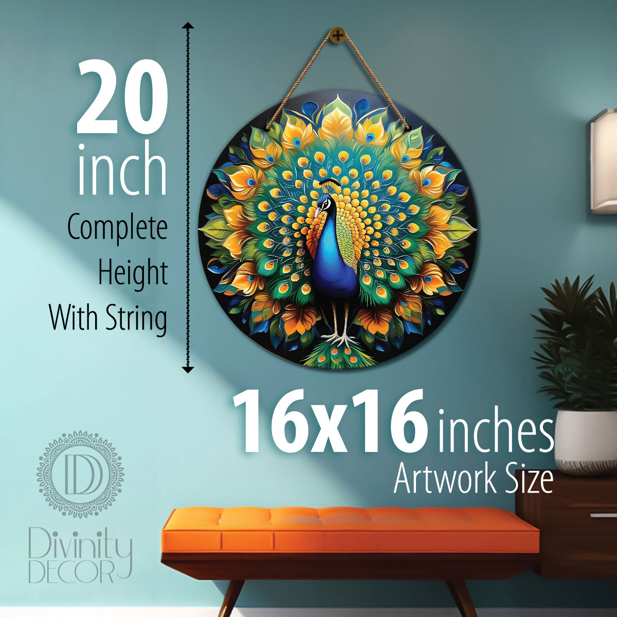 Peacock in green and yellow mandala Round Wooden Wall Hanging for wall Décor - Design - 144