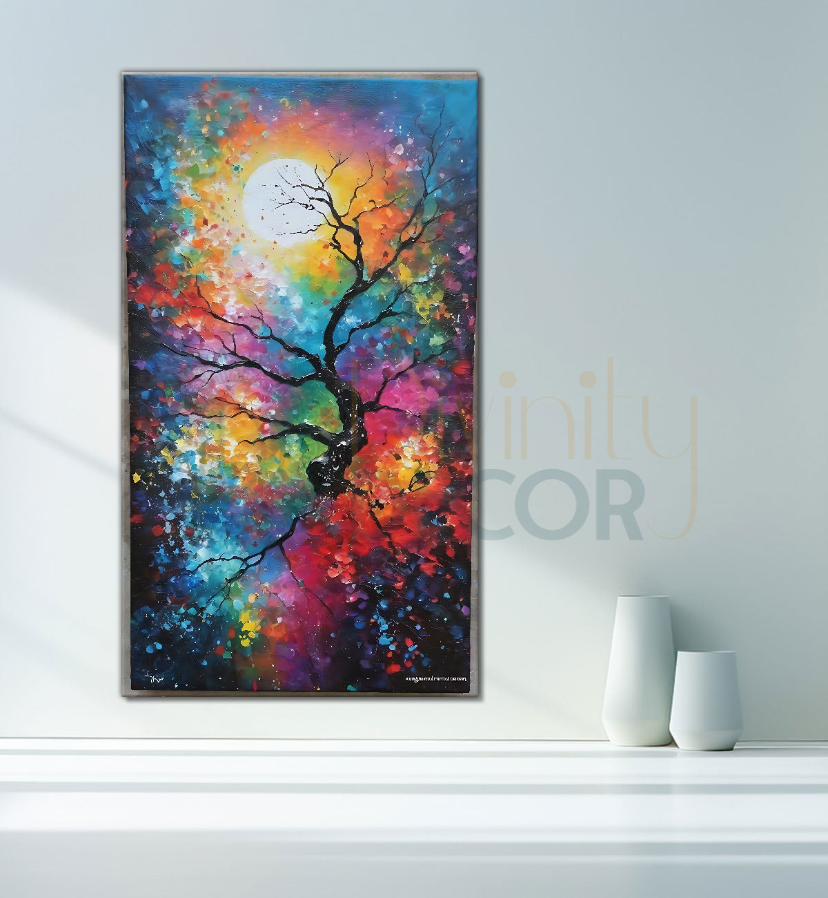 Branch with colourful leaves with sun in textured natural art Canvas Painting - Nature Art -V-144