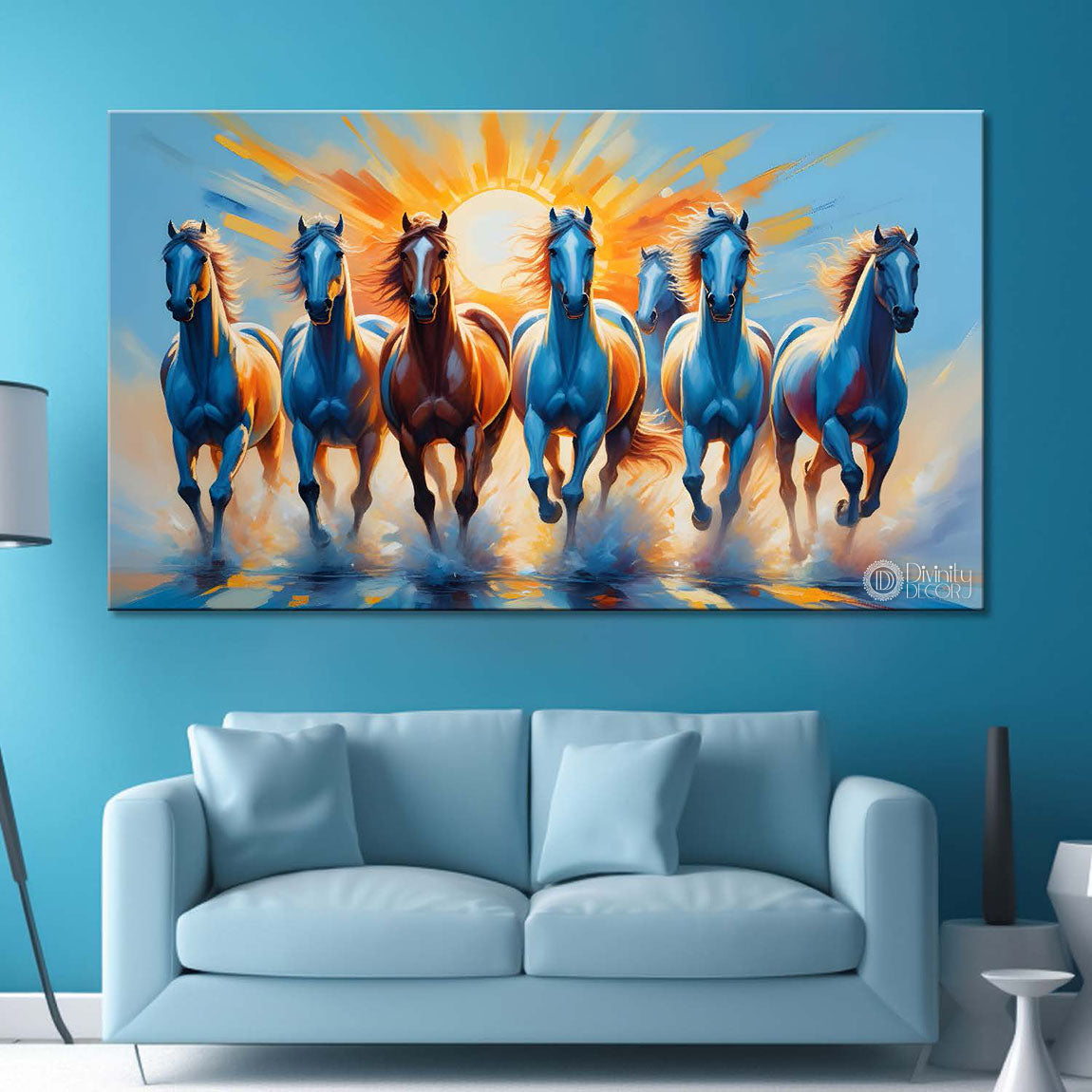 Brown horses running on the water with sunrise textured background art Canvas Painting - Design - Horse-145