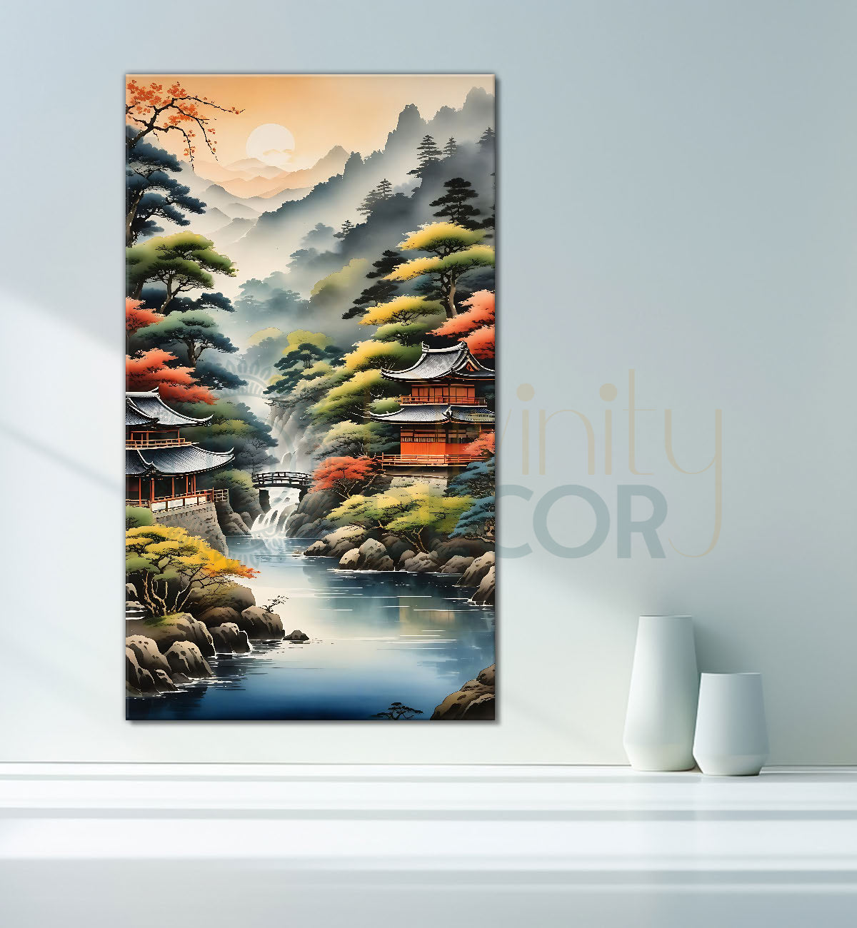 Mountains with lake and japenes houses in textured water colour painting Canvas Painting - Nature Art -V-145