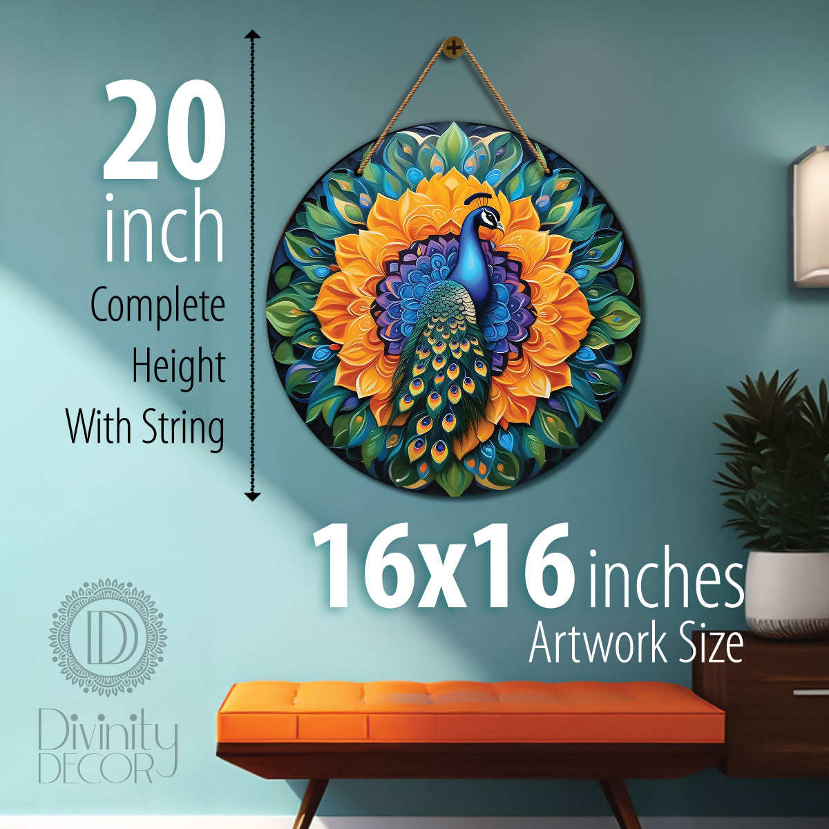 Peacock in green and orange mandala Round Wooden Wall Hanging for wall Décor - Design - 145