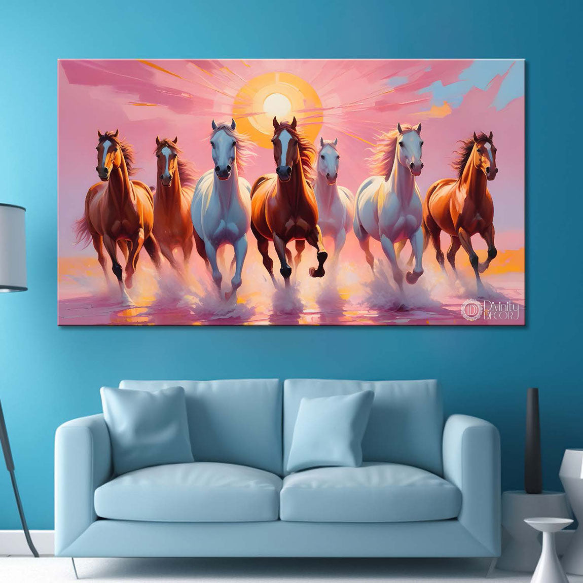 Brown and white horses running on the water with sunrise and pink textured background art Canvas Painting - Design - Horse-146