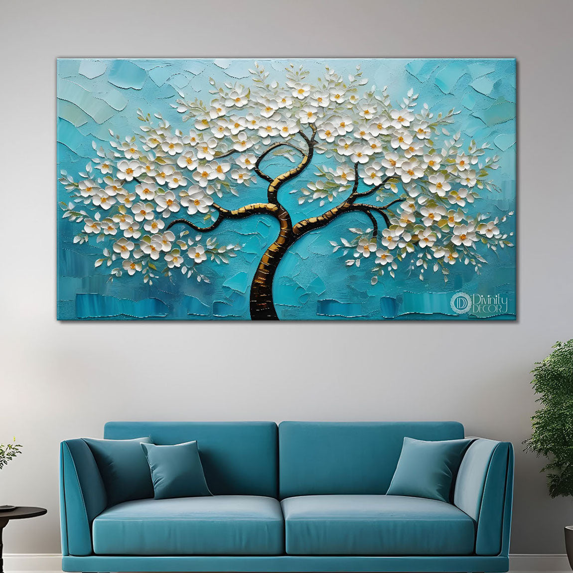 White flower tree in textured background oil painting- Design - Tree-146