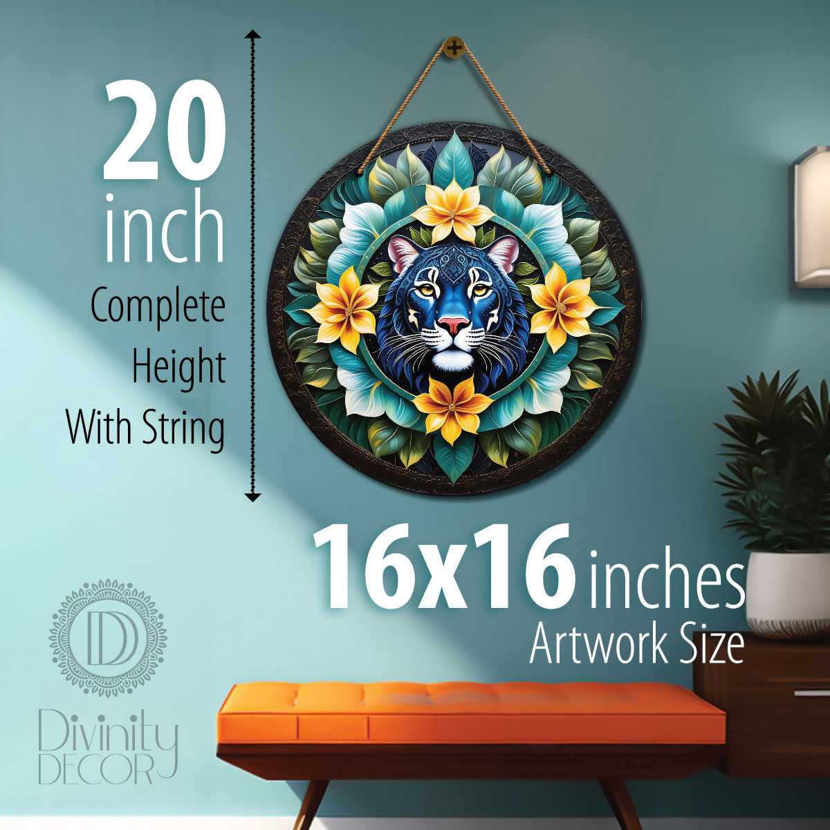 Tiger in green and floral mandala Round Wooden Wall Hanging for wall Décor - Design - 146