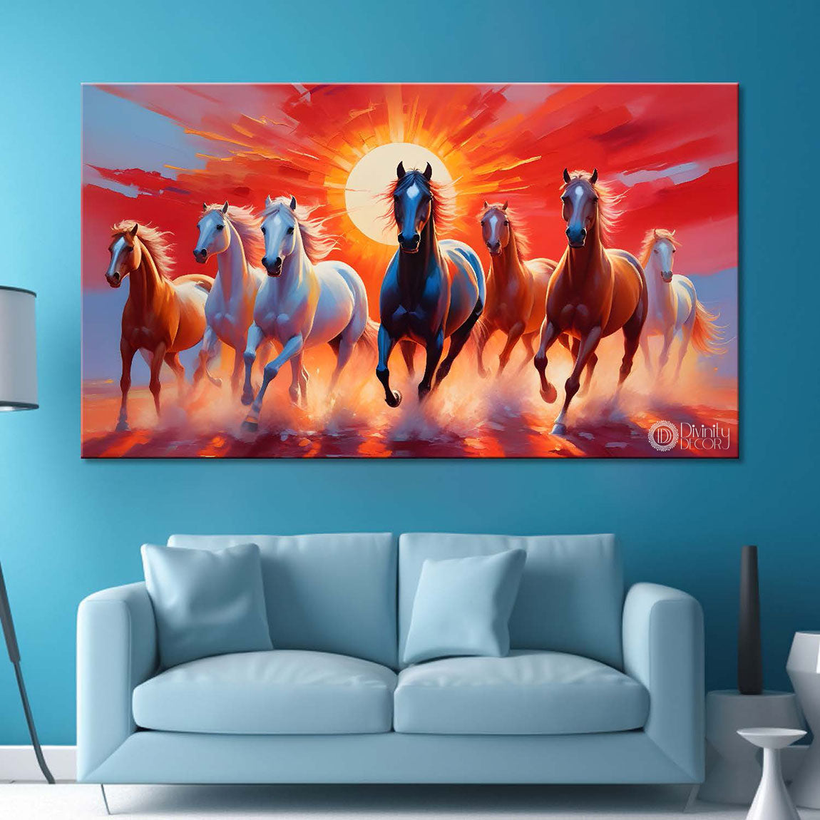 Brown and white horses running on the water with sunrise and red textured background art Canvas Painting - Design - Horse-147