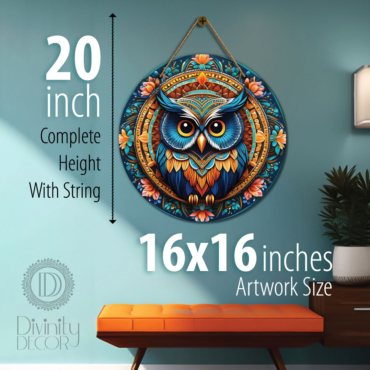 Owl in green and orange mandala Round Wooden Wall Hanging for wall Décor - Design - 147
