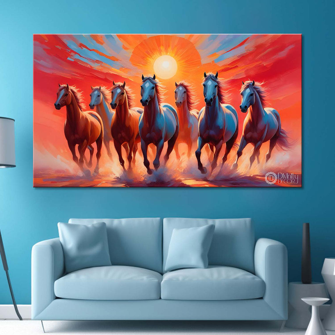 Brown and white horses running on the water with sunrise and red textured background art Canvas Painting - Design - Horse-148