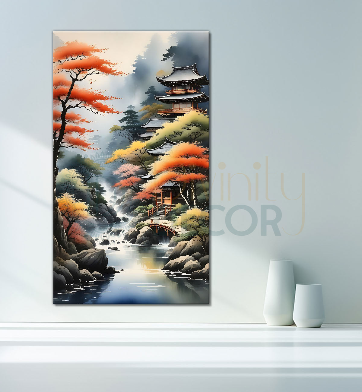 Trees with greenery and lake in textured water colour painting Canvas Painting - Nature Art -V-148